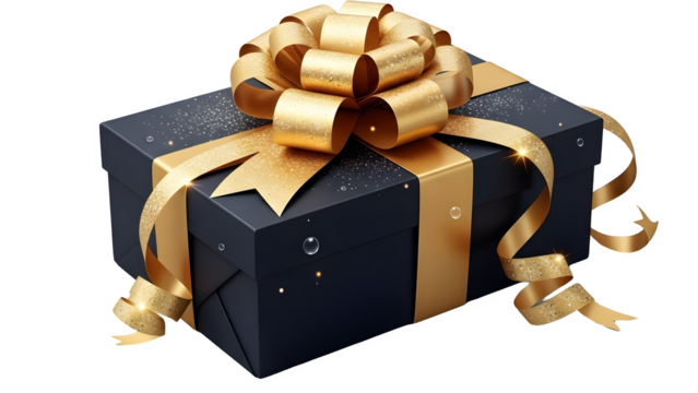 Elegant gift box with golden ribbon isolated on transparent background