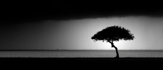 Dark, emotional landscape art highlighting the contrast between the tree and the stormy light.