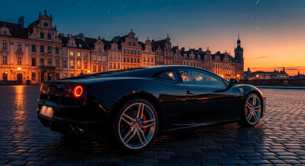 “Dark Gray Aston Martin Sports Car on European Cobblestone Street at Dusk – Luxury Front/Side Profile with Historic Architecture, Warm Sunset Sky, Streetlights, and Soft Motion Blur in the Background”