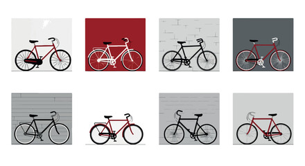 Red bicycles on various backgrounds, cycling concept
