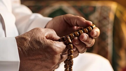 Close up hands holding prayer beads counting spiritual beads during meditation contemplation - Powered by Adobe