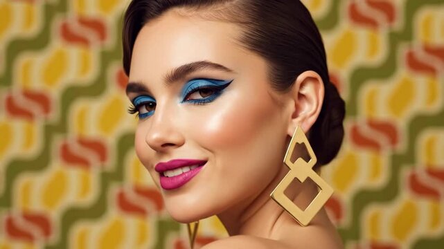 Glamorous woman with bold makeup and geometric earrings against colorful backdrop