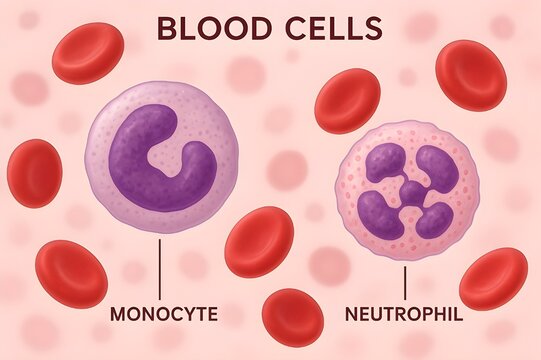 Blood cells seen under microscope monocytes and Neutrophil 