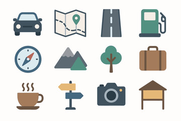 Road line vector trip cup suitcase icon motel compass car mountain