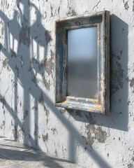 Rustic, distressed mirror hanging on a heavily chipped and textured wall.