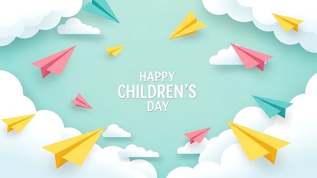 Colorful paper airplanes flying over soft clouds children celebration background.