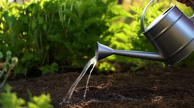 Watering garden soil with a watering can in sunlight