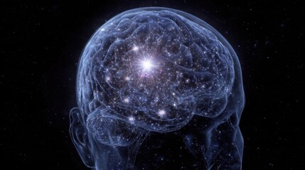 Bright Neural Network Inside a Transparent Human Brain in Space