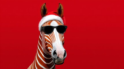 Obraz premium Zebra wearing festive Santa hat and stylish sunglasses, posing against vibrant red background, creating a playful and whimsical holiday atmosphere for seasonal celebrations
