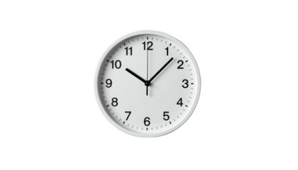 Round white clock face with black hands on a black background