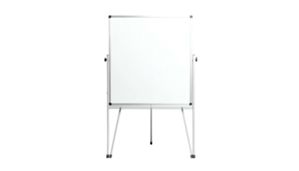 Blank white presentation board stands on three metal legs