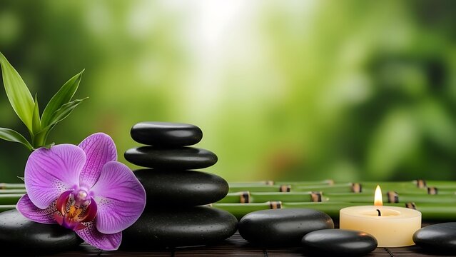 Purple orchid bamboo and stacked black stones with lit candle flower green - Powered by Adobe