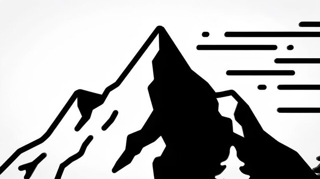 Minimalist black and white line art illustration of a sharp mountain peak surrounded by pine tree silhouette and abstract wind element isolated on white background