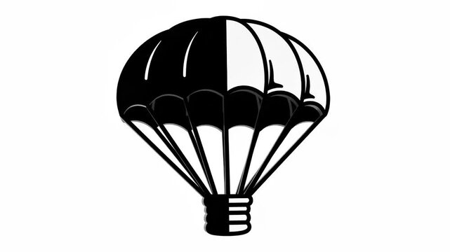 Creative black and white illustration of a parachute combined with a light bulb shape, symbolizing idea, innovation, or safe landing, isolated on white background