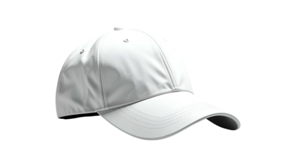 Plain white baseball cap with curved brim on black background