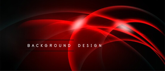 Abstract red design. Dynamic curves create glowing effect over dark background. Modern visual presentation.