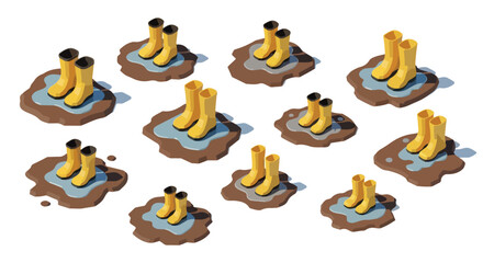 Yellow rain boots in muddy puddles