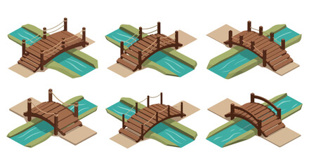 Wooden bridge over stream isometric set