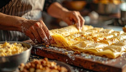Hands Preparing Traditional Layered Pastry with Filling on Wooden Board