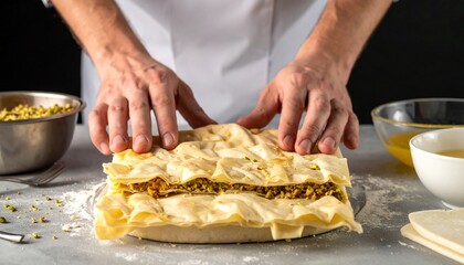 Chef Preparing Layered Pastry Dessert with Nut Filling