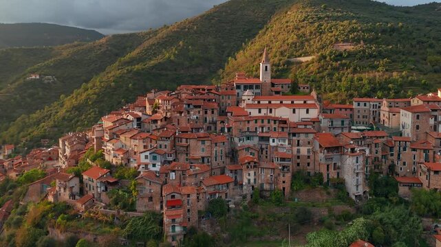 Aerial view of the picturesque hilltop town of Apricale, Liguria, Northern Italy