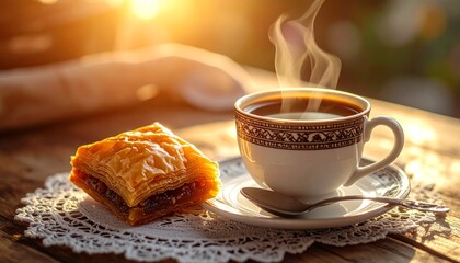 Steaming Hot Coffee with Sweet Pastry on Rustic Wooden Table at Sunrise