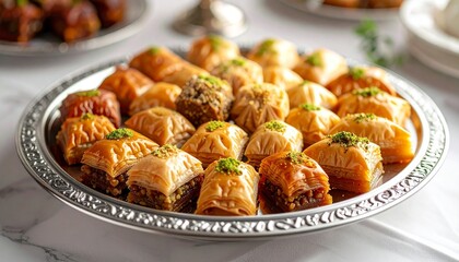 Assortment of Golden Honeyed Layered Pastries on Silver Serving Platter