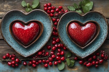 Two blue ceramic heart-shaped plates with red hearts inside surrounded by red berries festive romantic tableware cozy decorative scene