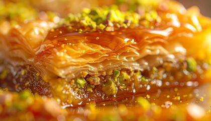 Golden Layers of Sweet Pastry Drizzled with Syrup and Topped with Crushed Pistachios