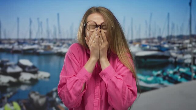 Woman feeling unwell in a pink shirt at a port by boats outdoors showing sick expression under sunny sky