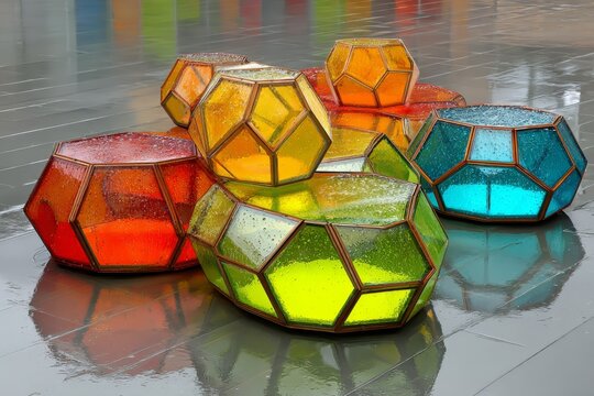 Futuristic retail window with floating geometric shapes