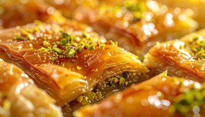 Close up of Golden Layered Pastry Dessert Drizzled with Syrup and Topped with Chopped Nuts