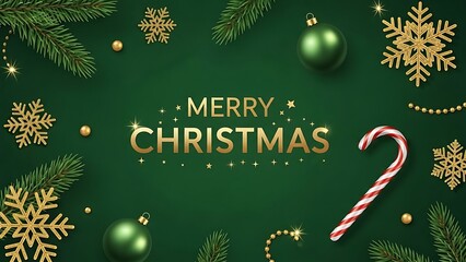 Elegant Merry Christmas green and gold holiday greeting with pine baubles and candy cane.