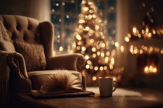 Cozy reading nook with book and hot chocolate