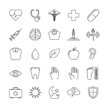 Hand Drawn Medical and Health Doodle Icon Set on White Background.