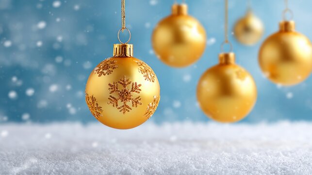 Golden Christmas ornaments hanging above a snowy surface, creating a festive atmosphere with a blurred blue background, evoking holiday spirit and seasonal joy