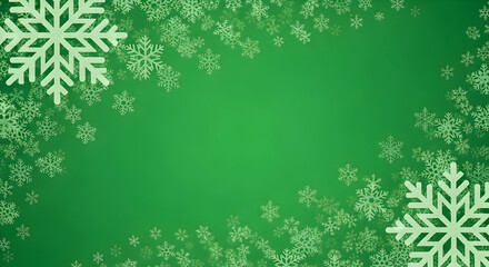 Vibrant green background adorned with numerous white snowflakes, featuring two prominent large flakes in opposite corners, creating a festive winter border.