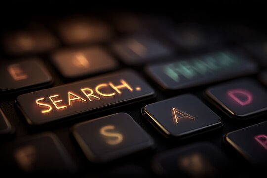 Real chrome keyboard with floating neon search terms - Powered by Adobe