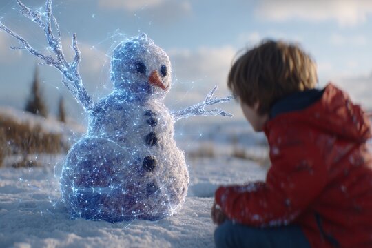 Real hands building snowman with digital snow