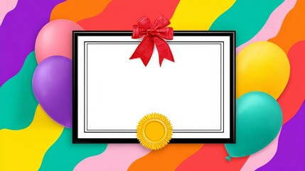 Colorful certificate mock up with decorative ribbon and seal, surrounded by vibrant balloons, perfect for celebrations, achievements, or special occasions, featuring bright and cheerful background des