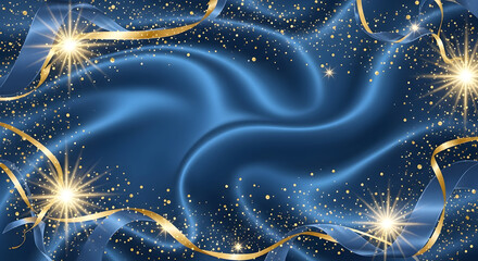 Elegant blue silk background with golden ribbons, sparkling stars, and glittering particles.