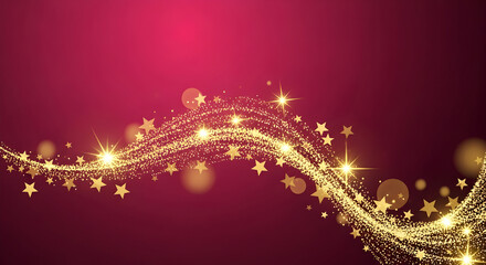 A glittering golden wave of stars and bokeh lights flows across a deep crimson background, creating a magical and festive effect.
