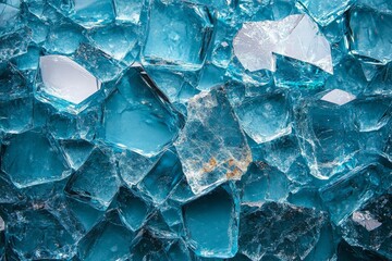 Shattered light blue glass fragments scattered on background abstract texture broken transparency sharp edges reflective surface modern minimal artistic composition