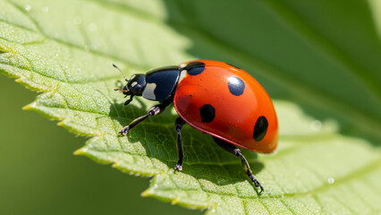 A detailed macro photograph of a red ladybug with black spots crawling on a fresh green leaf captured in natural daylight.