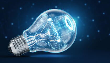 Illuminating Innovation: A radiant light bulb glows with an interior display of intricate digital network connections, symbolizing bright concepts and technological advancements, set against a dark.