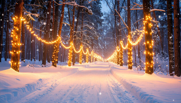 Snowy path winds through a winter forest illuminated with festive, glowing Christmas lights.
