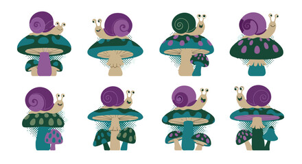 Snails on mushrooms whimsical set colorful style