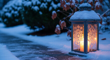 A snow-covered decorative lantern with a glowing candle illuminates a cold, wintry path at dusk.