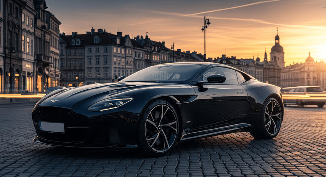 &ldquo;Dark Gray Aston Martin Sports Car on European Cobblestone Street at Dusk &ndash; Luxury Front/Side Profile with Historic Architecture, Warm Sunset Sky, Streetlights, and Soft Motion Blur in the Background&rdquo;