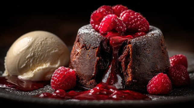 Indulge in a rich chocolate dessert with fresh raspberries and vanilla ice cream.